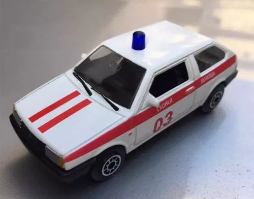 White diecast LADA 2108 1:64 model car with red stripes and blue roof light