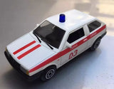 White diecast LADA 2108 1:64 model car with red stripes and blue roof light