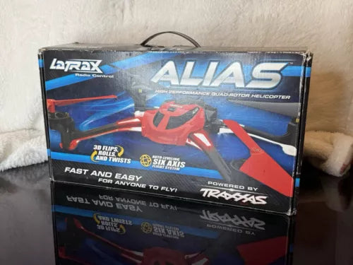 LaTrax Alias micro quadcopter drone box, red and blue graphics