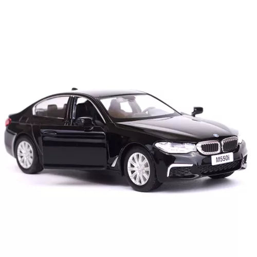 Black BMW M550i 1:36 diecast model car with front door open
