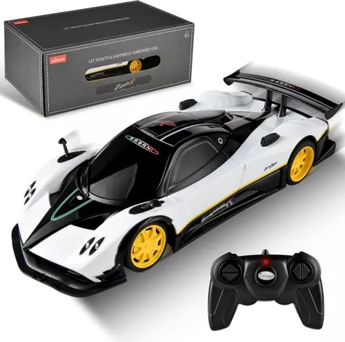 Diecast RC race car set with white, black, and yellow body and handheld controller