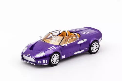 Purple diecast sports car model toy, 1/64 scale, front three-quarter view