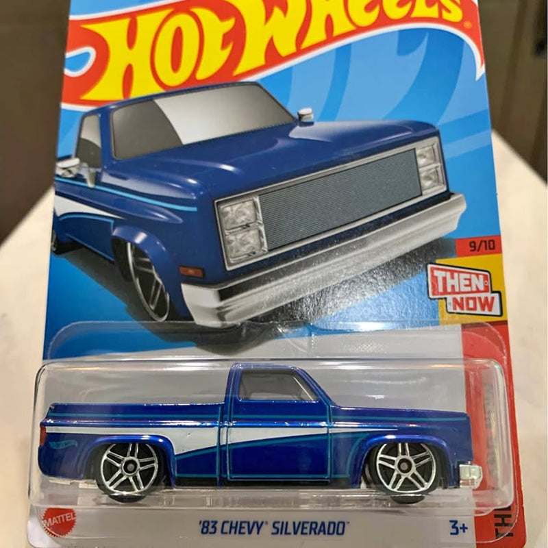 Hot Wheels diecast blue '83 Chevy Silverado pickup truck