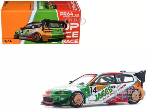 1/64 diecast model car in white, green and orange with #14 race livery, front angled view