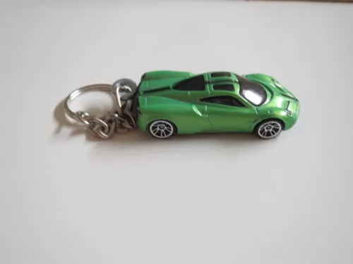 Green diecast race car keychain with silver keyring and metal clasp