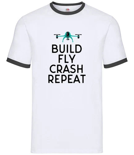 Men's white ringer T-shirt with Build Fly Crash Repeat drone graphic