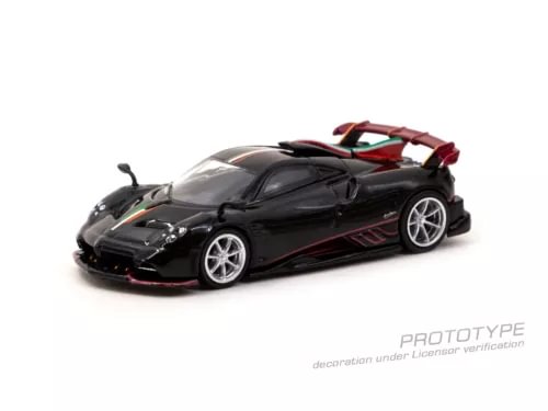 Diecast model car, black with gold stripe and red accents, front three-quarter view