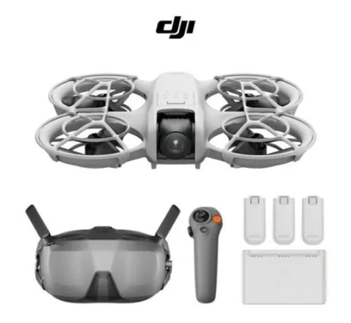 Camera drone with prop guards, motion controller, and goggles with spare batteries