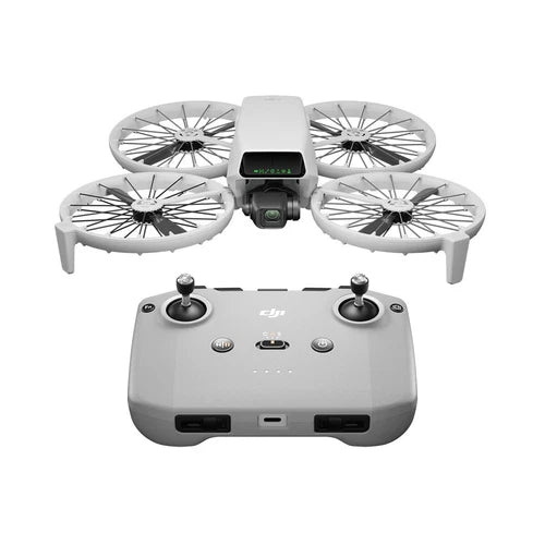 DJI Flip drone with four propellers and gray RC controller with two joysticks