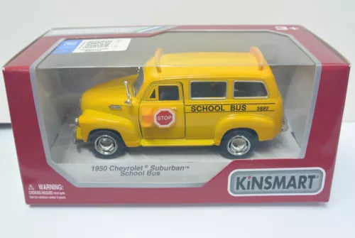 Yellow die-cast school bus toy with doors and chrome wheels, in clear display box
