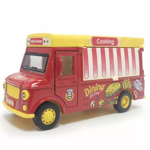 Diecast food truck model toy car with red cab, yellow roof, striped side