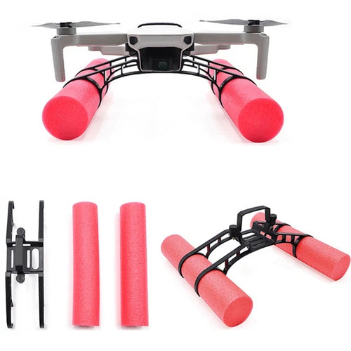Drone landing gear buoyancy bar set with red foam floats and mounting bracket