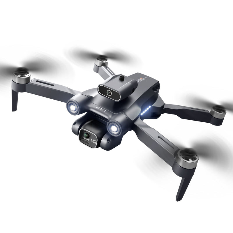 Foldable mini quadcopter drone with front camera, four propellers, gray and dark body