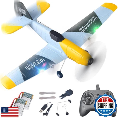 BEZGAR 3-channel RC airplane in yellow and gray with remote and spare propellers.