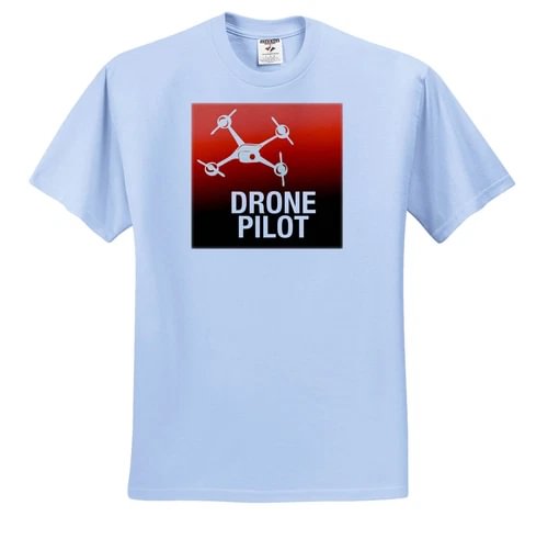 Light blue T-shirt with red drone pilot graphic and drone icon at center