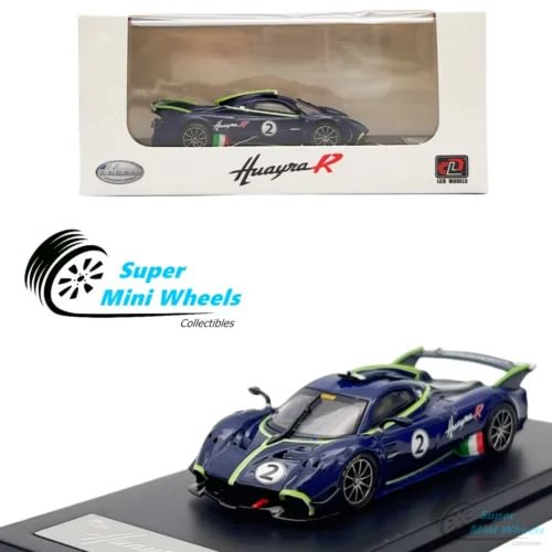 Blue Pagani Huayra R 1:64 diecast model car with front grille and number decals