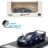 Blue Pagani Huayra R 1:64 diecast model car with front grille and number decals
