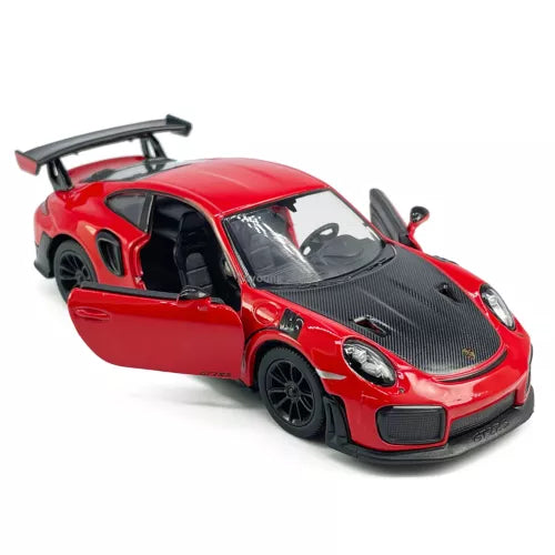 Red diecast sports model car with black hood and rear wing, door open