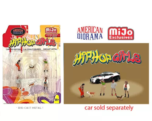 1:64 hip hop girls diecast figure set, boxed collectible with car theme