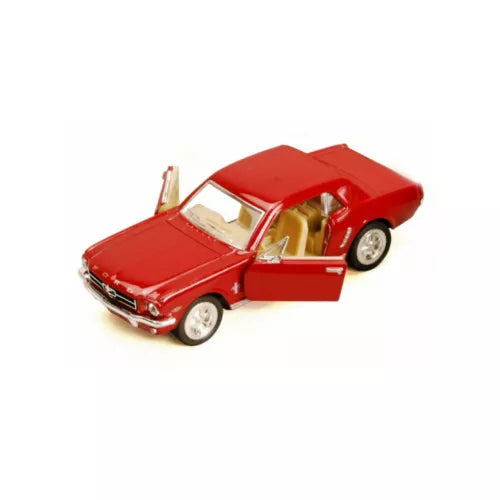 Red diecast Mustang model car with open door, 1:36 scale