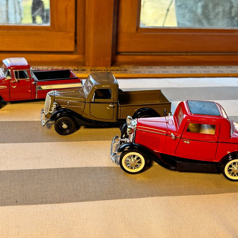 Set of three diecast classic cars with red coupe and tan pickup