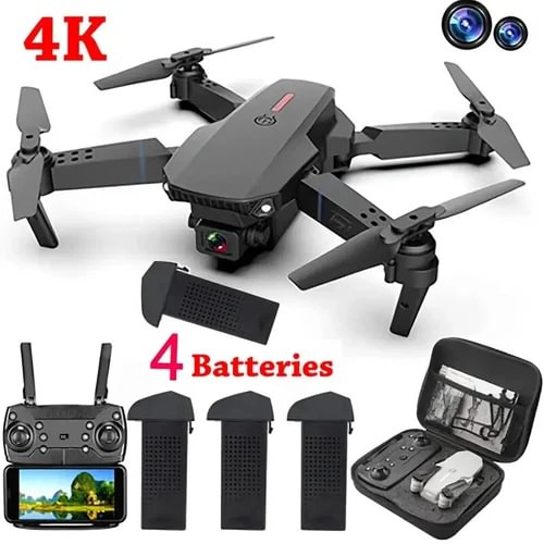 Foldable 4K drone kit with remote controller, four spare batteries, and carrying case