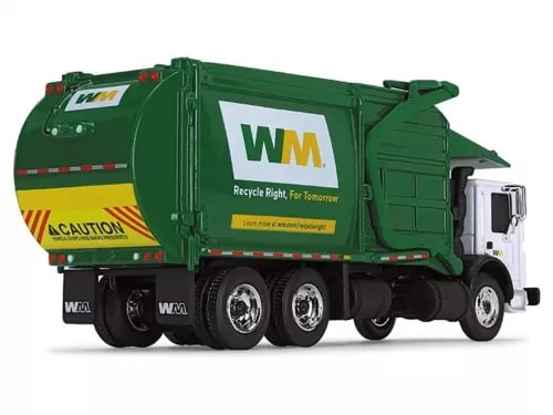 Green WM front-loader garbage truck diecast model with recycling logo