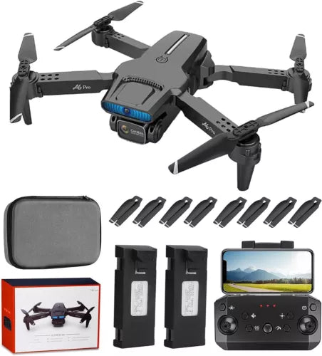 Foldable 2K drone quadcopter with 4 propellers, camera, remote controller, two batteries