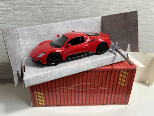Red diecast model car, pull-back toy vehicle, 1/36 scale