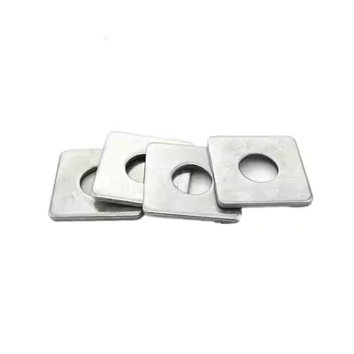Set of square flat washers with central holes in metallic silver finish