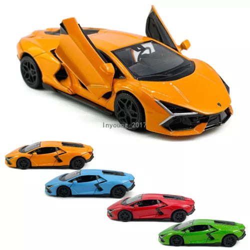 Orange diecast Lamborghini Revuelto 2023 toy car with blue, red, green mini cars.