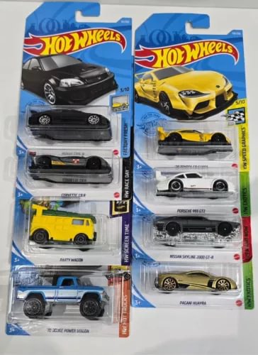 Hot Wheels diecast car 8-pack in blister packaging, assorted vehicles with logos