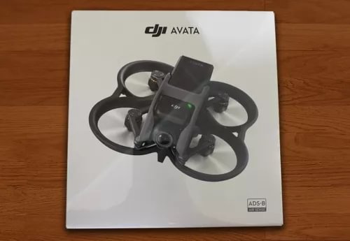 DJI Avata drone in retail box, front artwork with dark quadcopter