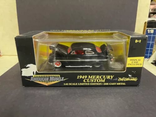 Black 1949 Mercury Custom diecast car model in clear display box, 1:43 scale