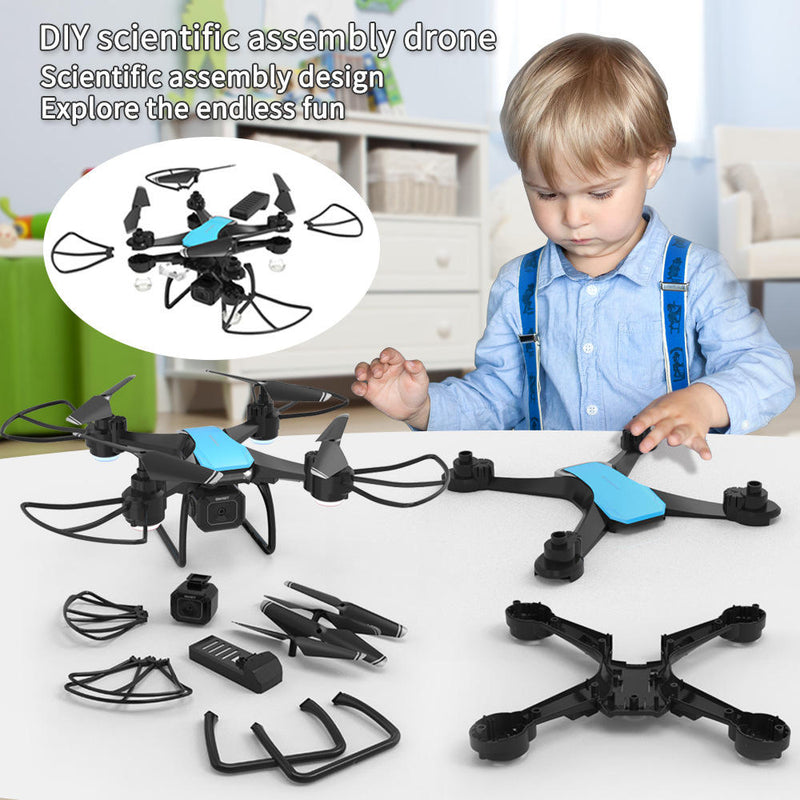 Blue and black DIY remote control drone toy with detachable parts, controller and battery