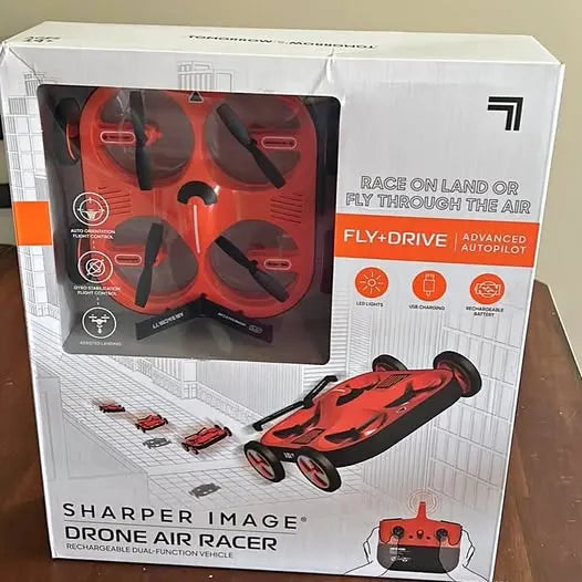 Red and black drone racer with remote controller shown on product packaging