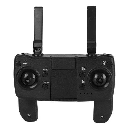 Black RC drone controller with dual joysticks and central screen