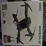 DMES camera drone, dark gray/black foldable propellers shown on box