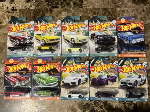 Set of 10 Hot Wheels 1:64 diecast cars on blister display cards