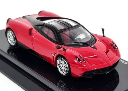 Red and black Pagani Huayra diecast model car with detailed wheels, 1/64 scale