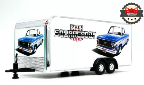Blue pickup truck with enclosed white trailer diecast, 1:64 scale, two views