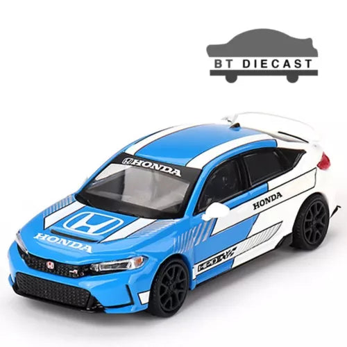 1/64 scale diecast race car model, blue and white with Honda logos, black wheels
