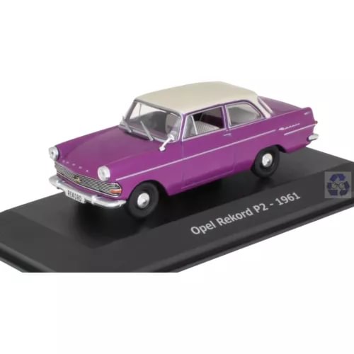 Purple diecast model car with white roof, Opel Rekord P2 1961 on display base
