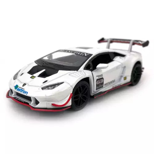 White 1:36 scale diecast race car model with black hood and red trim