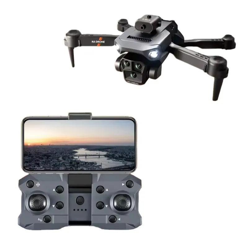 Collapsible mini quadcopter drone with camera, plus open remote with display
