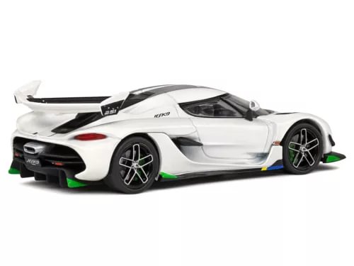 White diecast model car with gray stripes, black accents, detailed wheels, 1:43 scale.