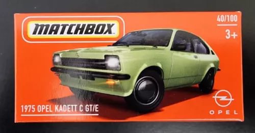Matchbox Opel Kadett diecast car box, green, 3+ age