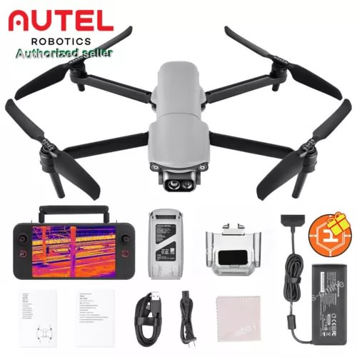 Enterprise thermal drone with dual cameras and foldable propellers, gray body