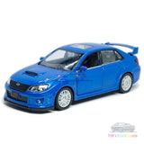 Blue alloy diecast model car, front three-quarter view