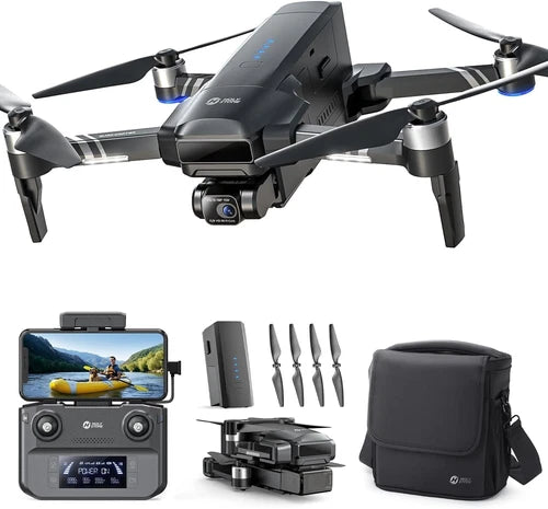 Gray quadcopter drone with front camera and 4 propellers, with controller and carrying case